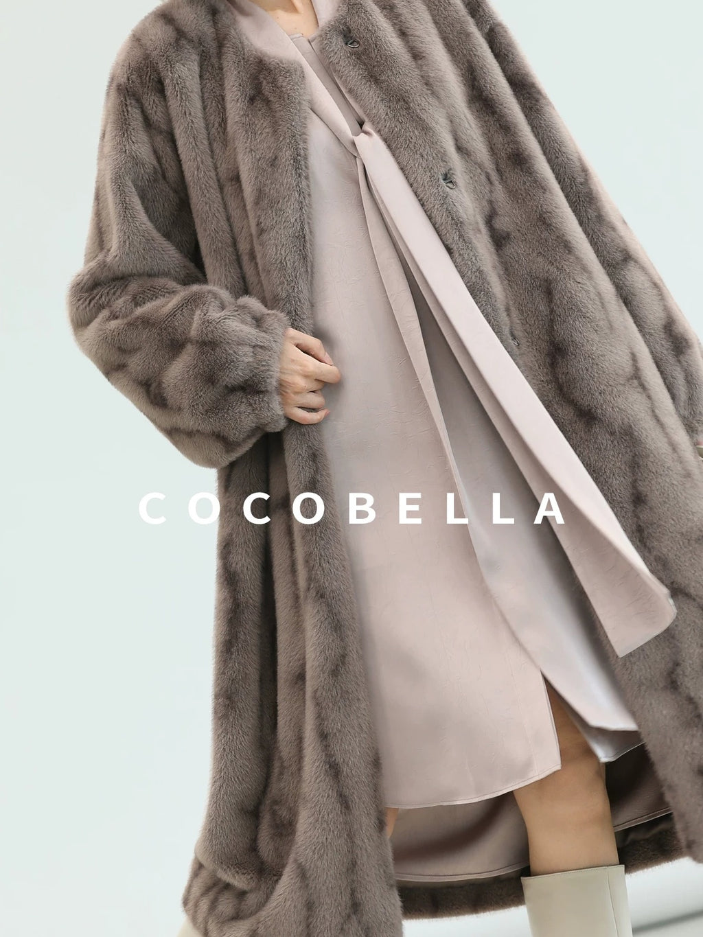 COCOBELLA Thick Long Loose Fit Round Neck Fur Panel Women Office Wool Overcoats Coats