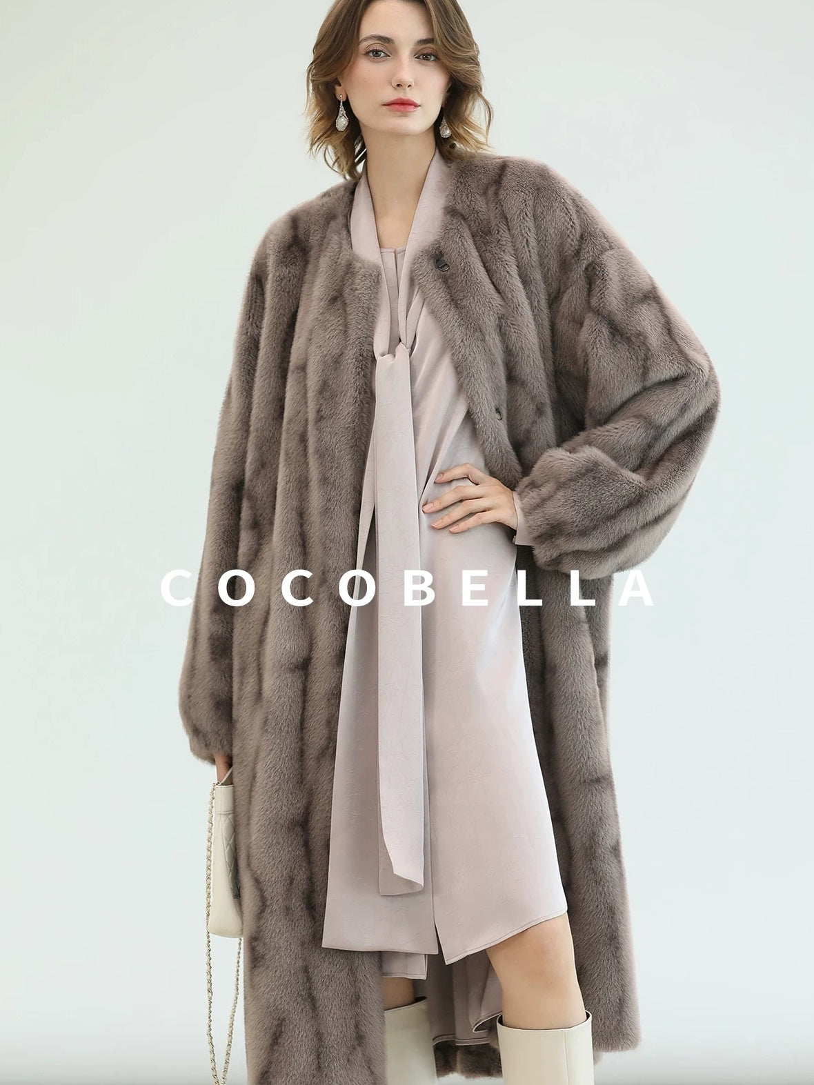 COCOBELLA Thick Long Loose Fit Round Neck Fur Panel Women Office Wool Overcoats Coats