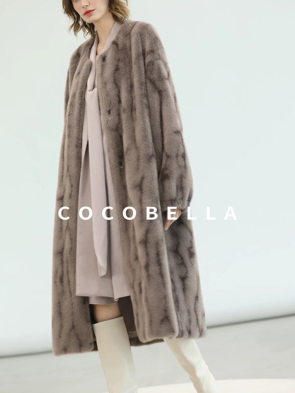 COCOBELLA Thick Long Loose Fit Round Neck Fur Panel Women Office Wool Overcoats Coats
