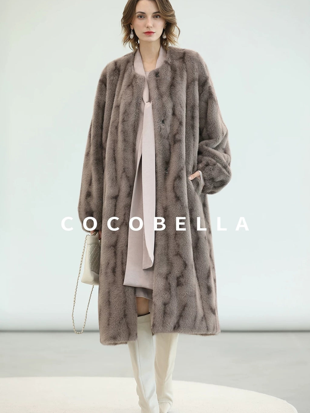 COCOBELLA Thick Long Loose Fit Round Neck Fur Panel Women Office Wool Overcoats Coats