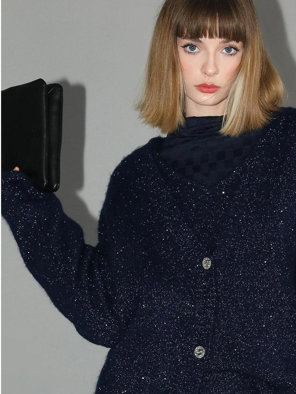 COCOBELLA Thick Lurex Sequin Button Loose Fit Office Cardigan Knit Dark Navy Sweater