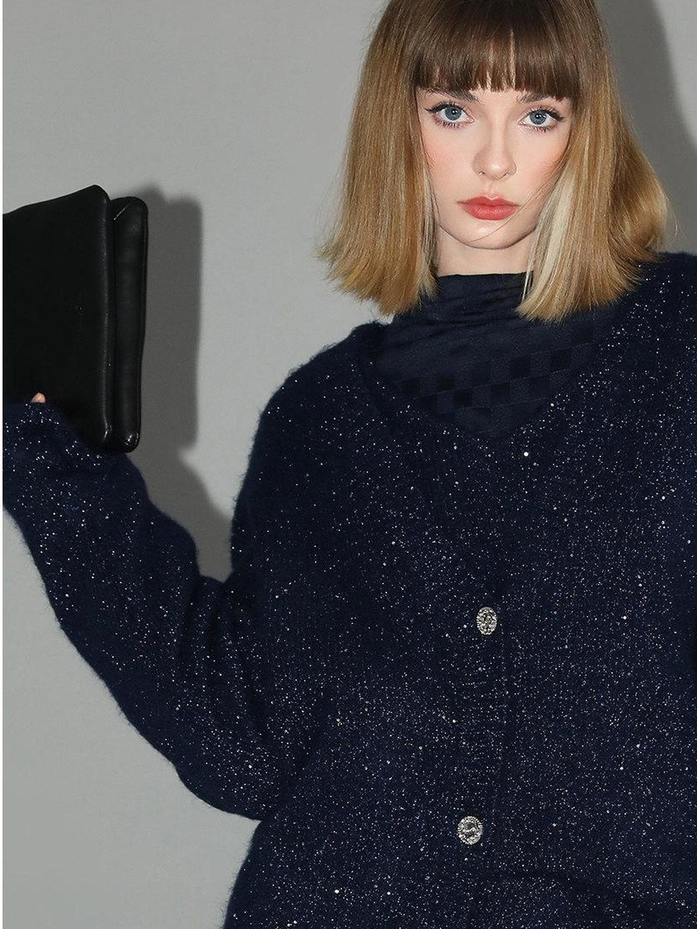 COCOBELLA Thick Lurex Sequin Button Loose Fit Office Cardigan Knit Dark Navy Sweater