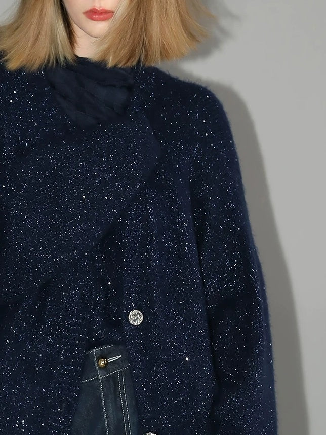 COCOBELLA Thick Lurex Sequin Button Loose Fit Office Cardigan Knit Dark Navy Sweater