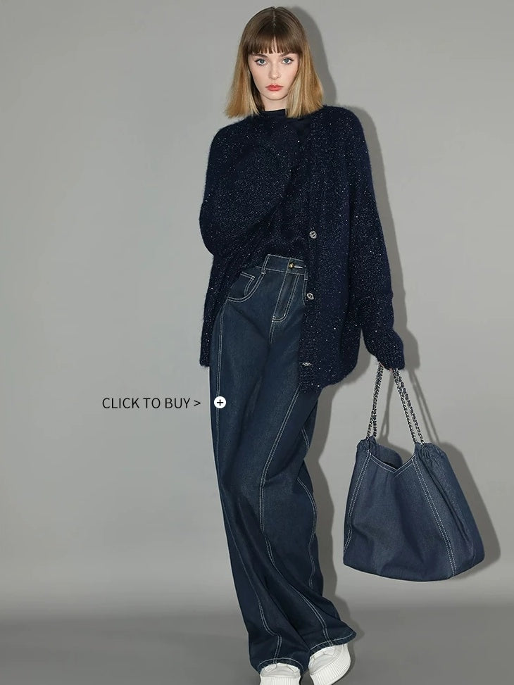 COCOBELLA Thick Lurex Sequin Button Loose Fit Office Cardigan Knit Dark Navy Sweater