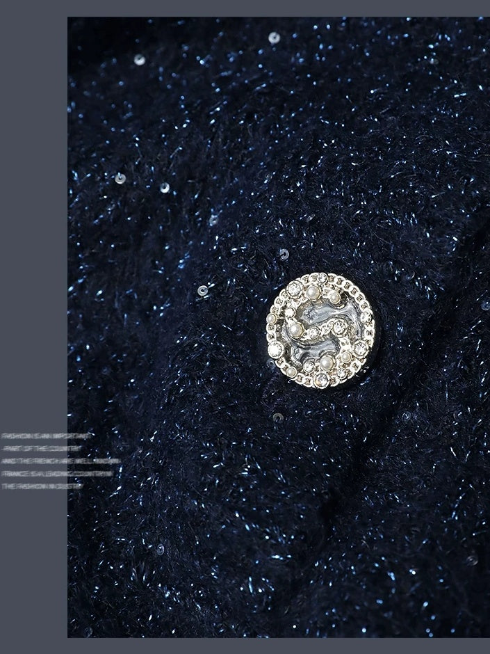 COCOBELLA Thick Lurex Sequin Button Loose Fit Office Cardigan Knit Dark Navy Sweater