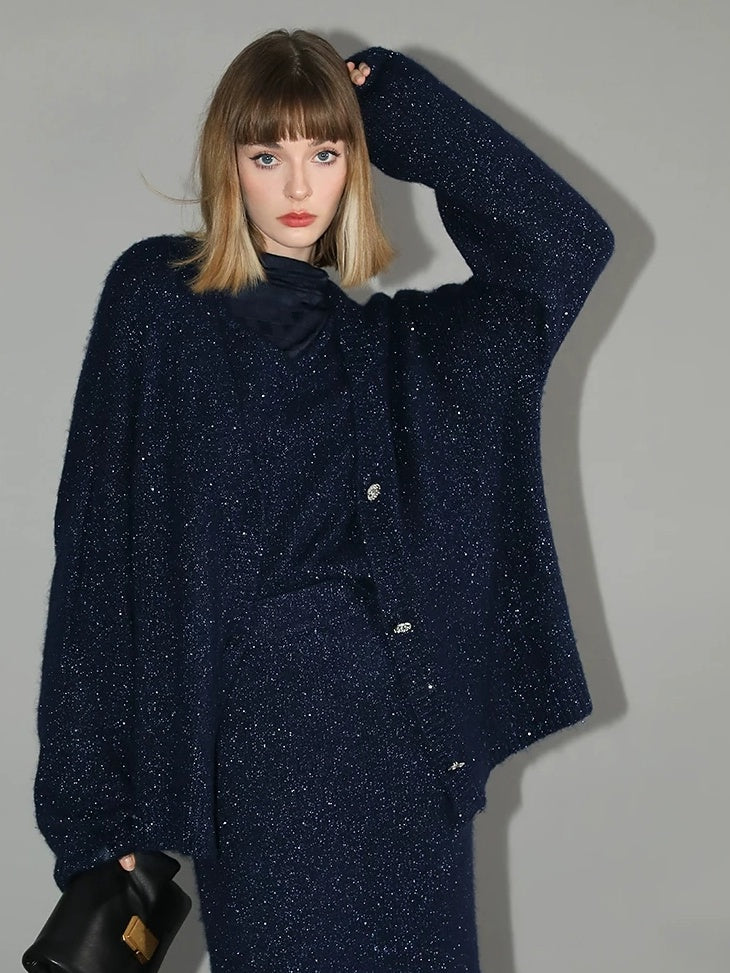 COCOBELLA Thick Lurex Sequin Button Loose Fit Office Cardigan Knit Dark Navy Sweater