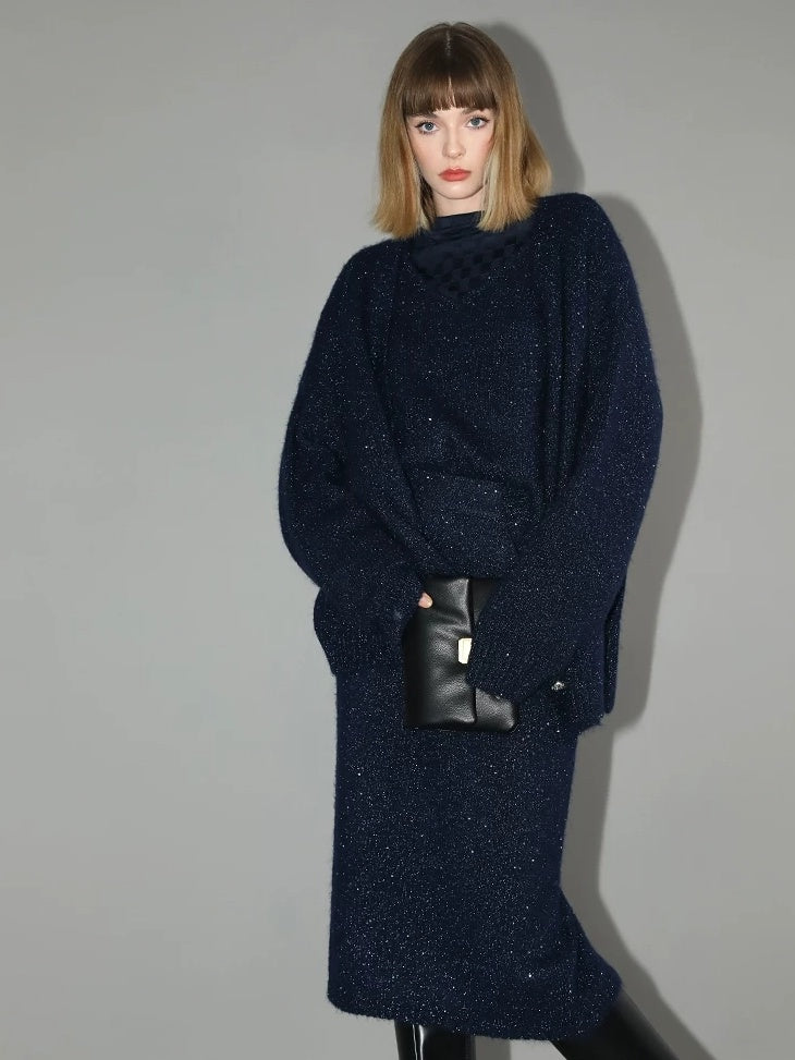 COCOBELLA Thick Lurex Sequin Button Loose Fit Office Cardigan Knit Dark Navy Sweater