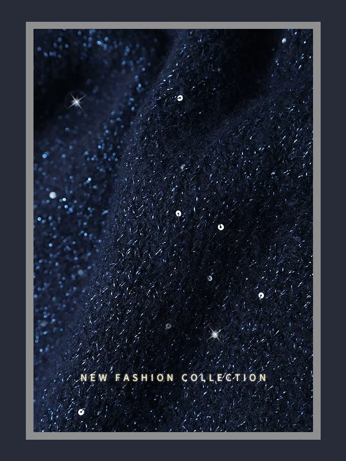 COCOBELLA Thick Lurex Sequin Button Loose Fit Office Cardigan Knit Dark Navy Sweater