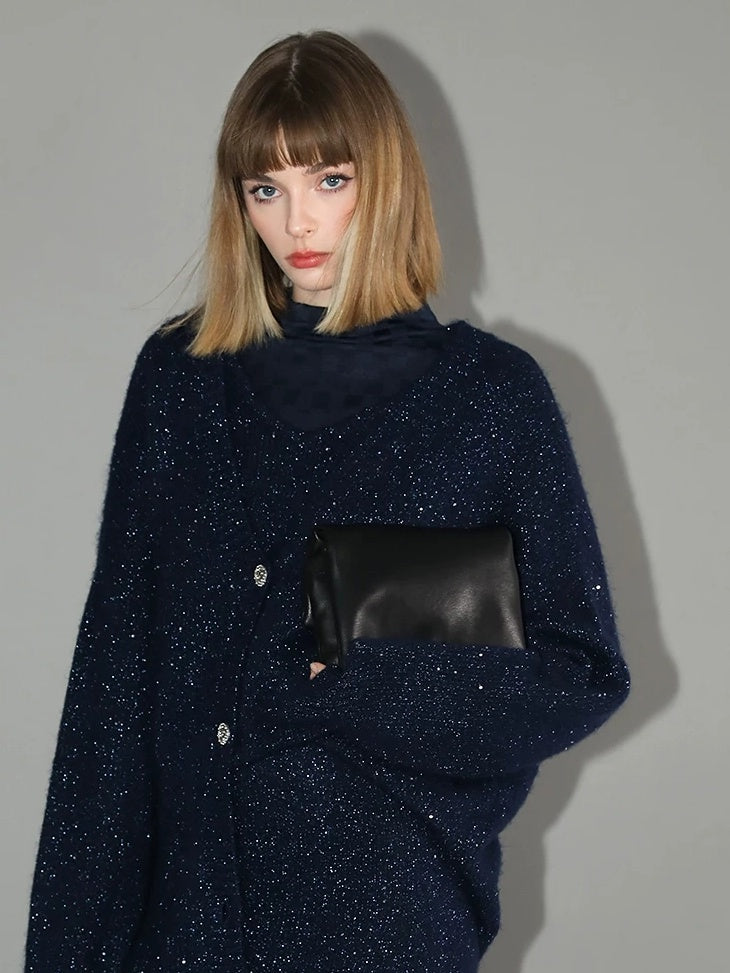 COCOBELLA Thick Lurex Sequin Button Loose Fit Office Cardigan Knit Dark Navy Sweater