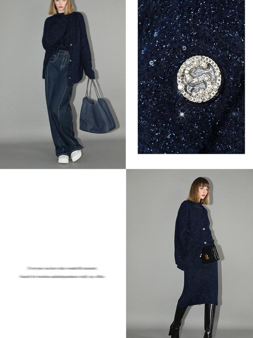 COCOBELLA Thick Lurex Sequin Button Loose Fit Office Cardigan Knit Dark Navy Sweater