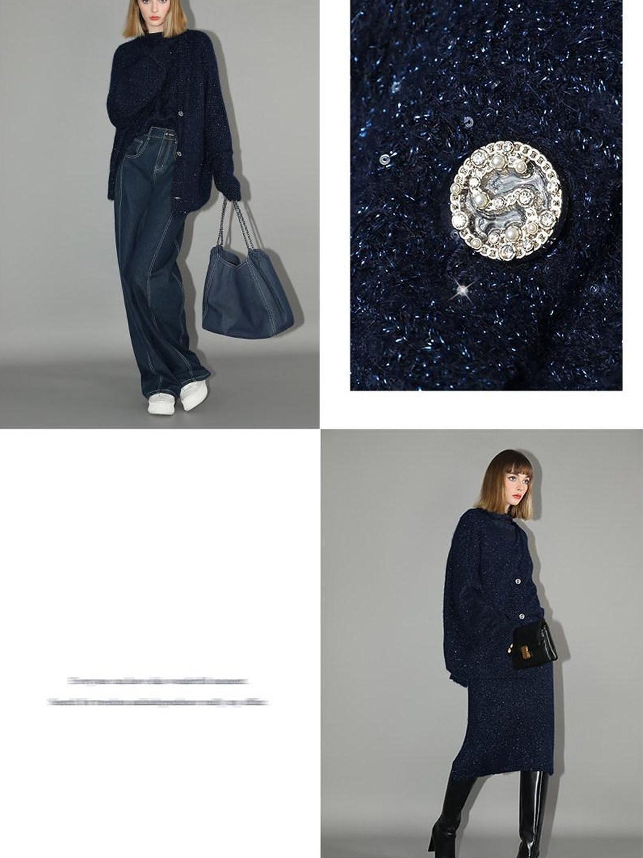 COCOBELLA Thick Lurex Sequin Button Loose Fit Office Cardigan Knit Dark Navy Sweater