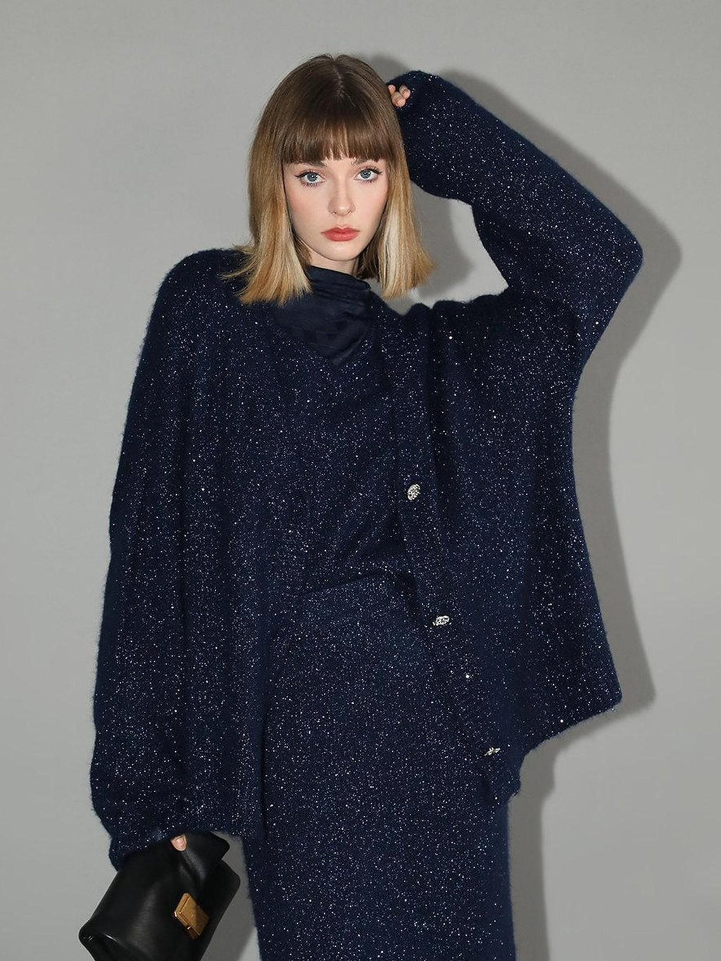 COCOBELLA Thick Lurex Sequin Button Loose Fit Office Cardigan Knit Dark Navy Sweater