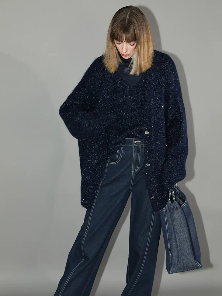COCOBELLA Thick Lurex Sequin Button Loose Fit Office Cardigan Knit Dark Navy Sweater