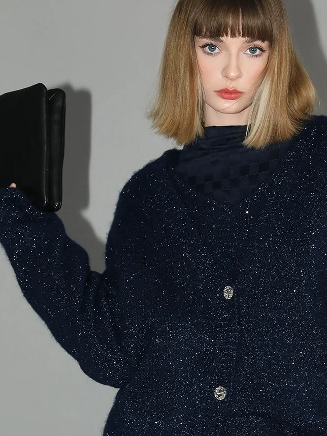 COCOBELLA Thick Lurex Sequin Button Loose Fit Office Cardigan Knit Dark Navy Sweater