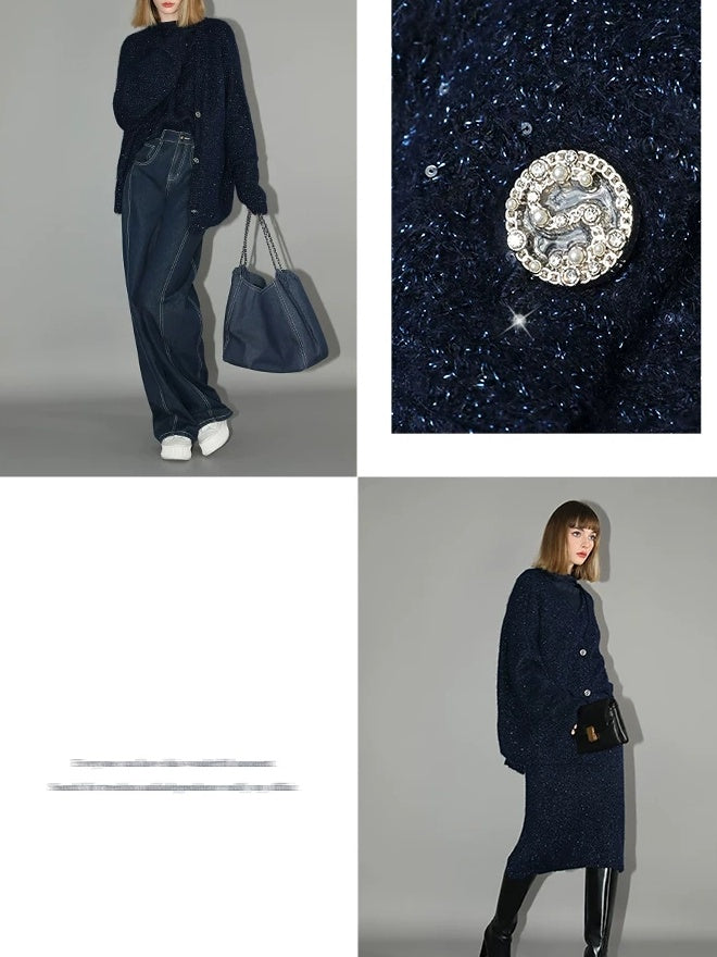 COCOBELLA Thick Lurex Sequin Button Loose Fit Office Cardigan Knit Dark Navy Sweater