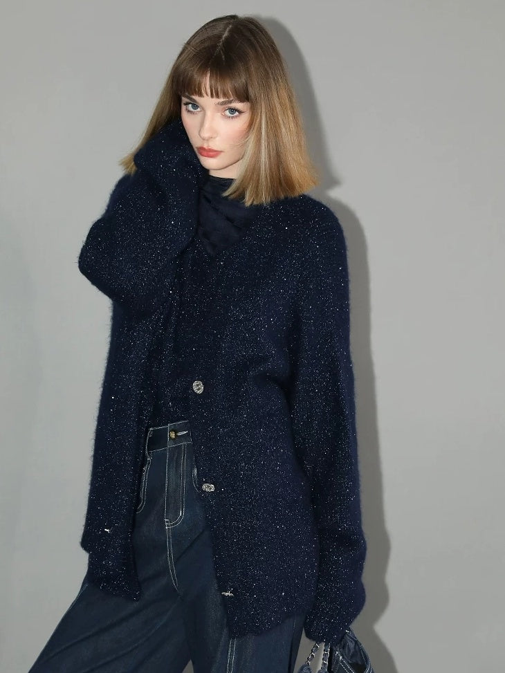 COCOBELLA Thick Lurex Sequin Button Loose Fit Office Cardigan Knit Dark Navy Sweater
