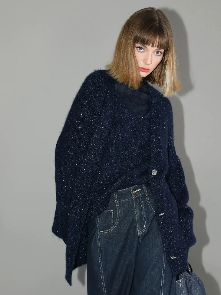COCOBELLA Thick Lurex Sequin Button Loose Fit Office Cardigan Knit Dark Navy Sweater