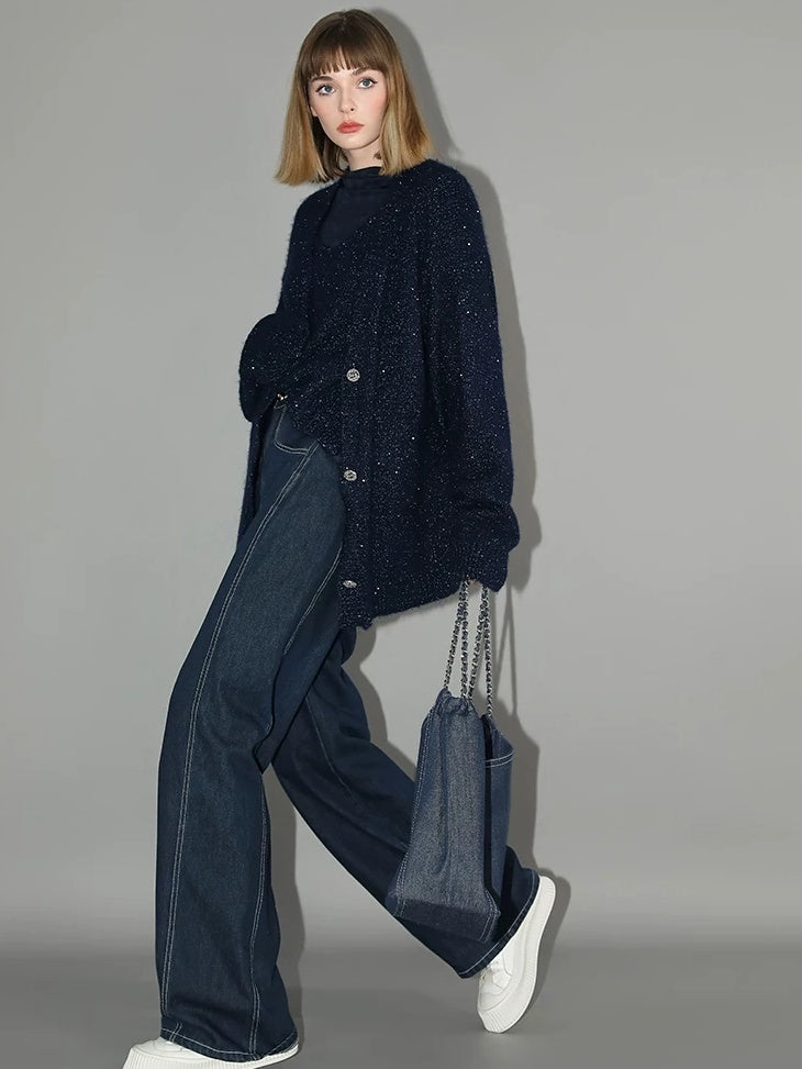 COCOBELLA Thick Lurex Sequin Button Loose Fit Office Cardigan Knit Dark Navy Sweater