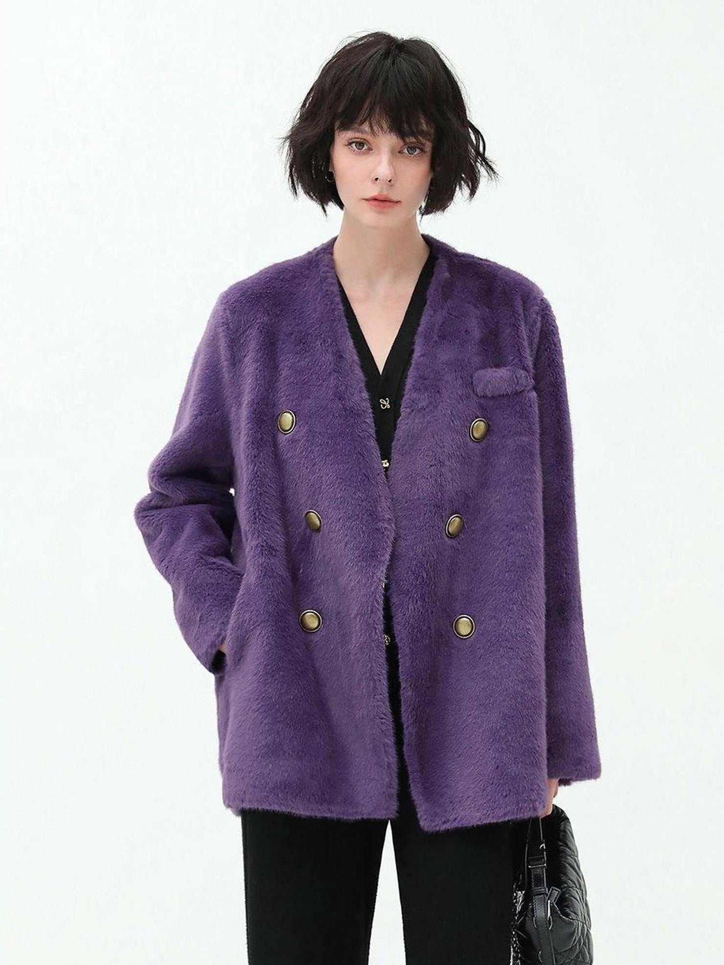 COCOBELLA Thick Plush V Neck Office Standard Fit Women Faux Fur Coats Jackets