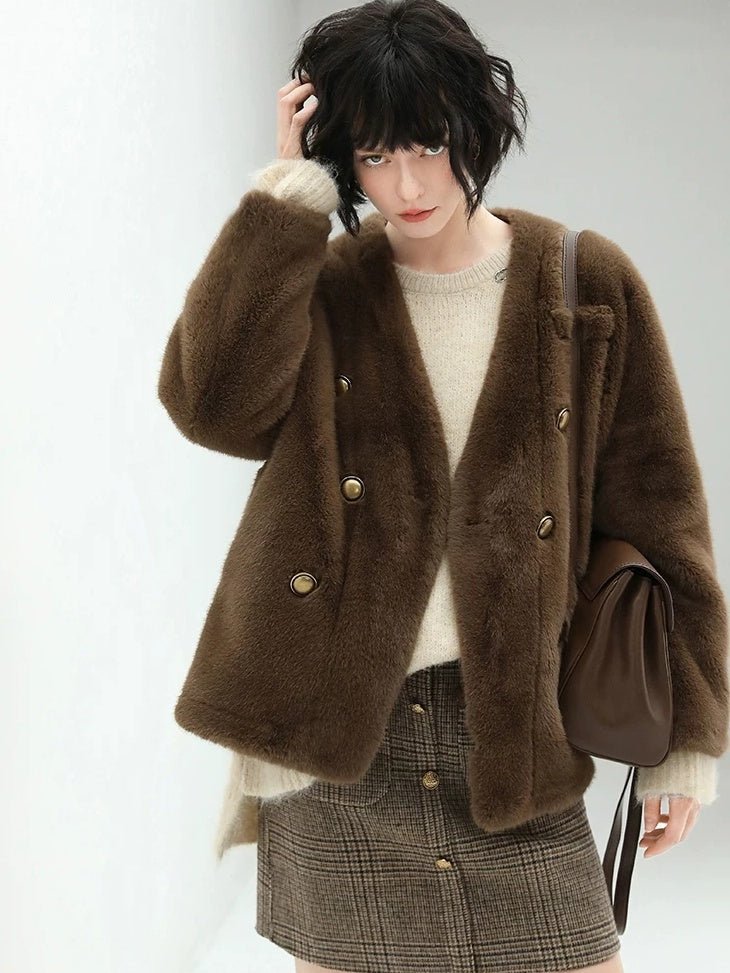 COCOBELLA Thick Plush V Neck Office Standard Fit Women Faux Fur Coats Jackets