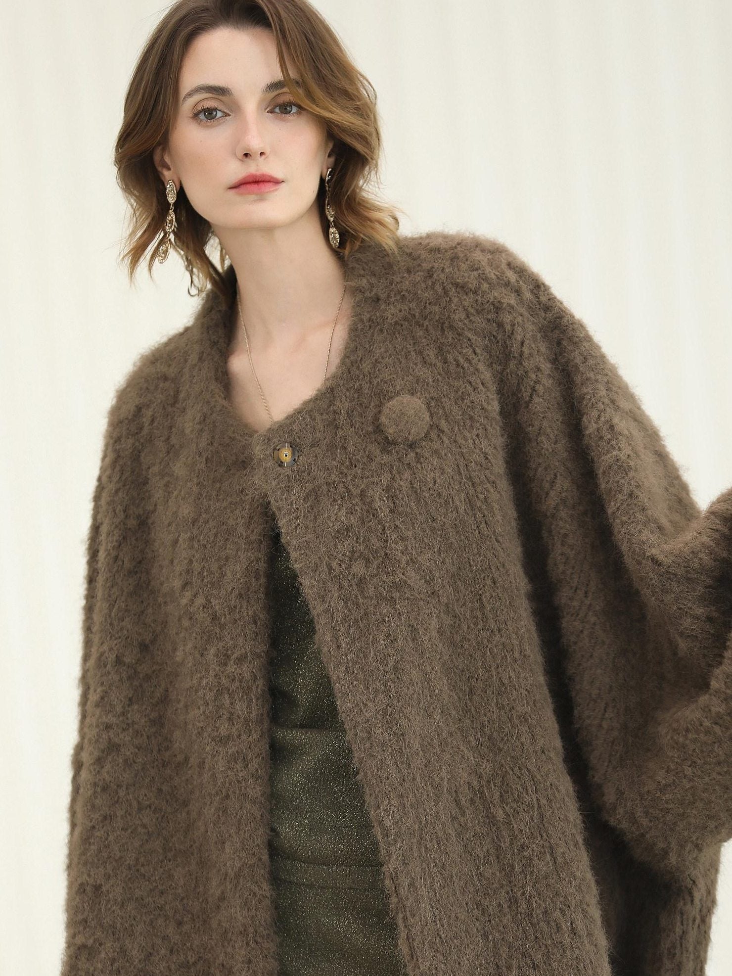 COCOBELLA Thick Polyester Loose Fit Drop Shoulder Hidden Buttons Pockets Olive Jackets