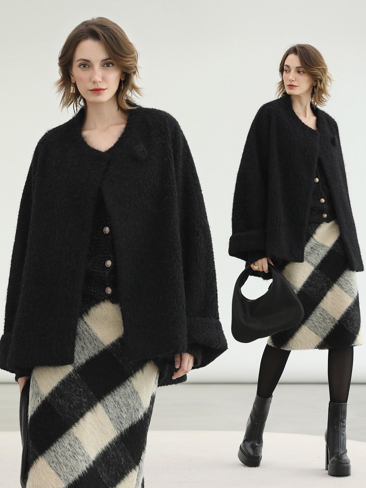 COCOBELLA Thick Polyester Minimalist Loose Fit Round Neck Button Pocket Black Jackets