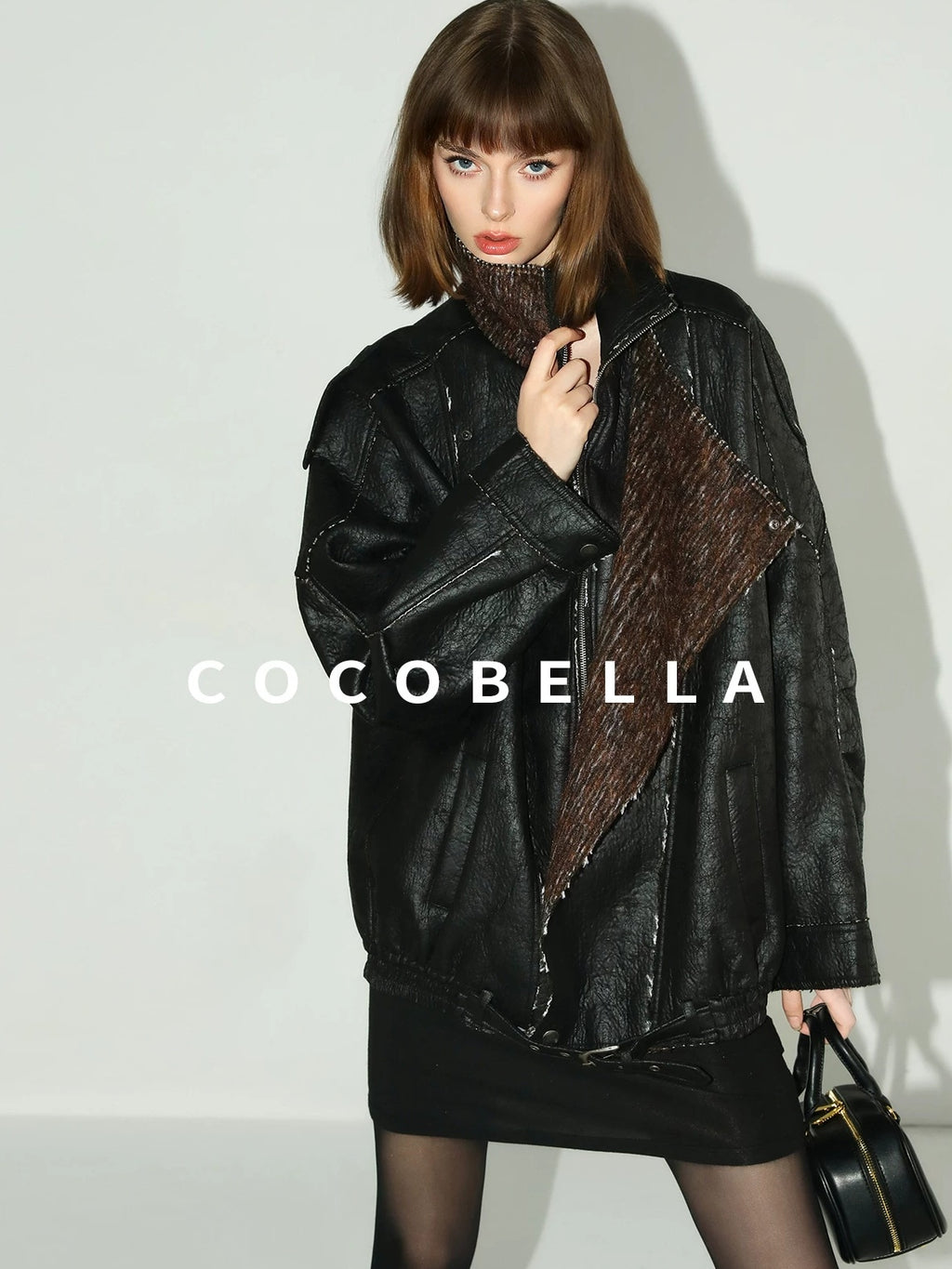 COCOBELLA Thick Pu Patchwork Oversized Street Lapel Zipper Mid Length Leather Jackets