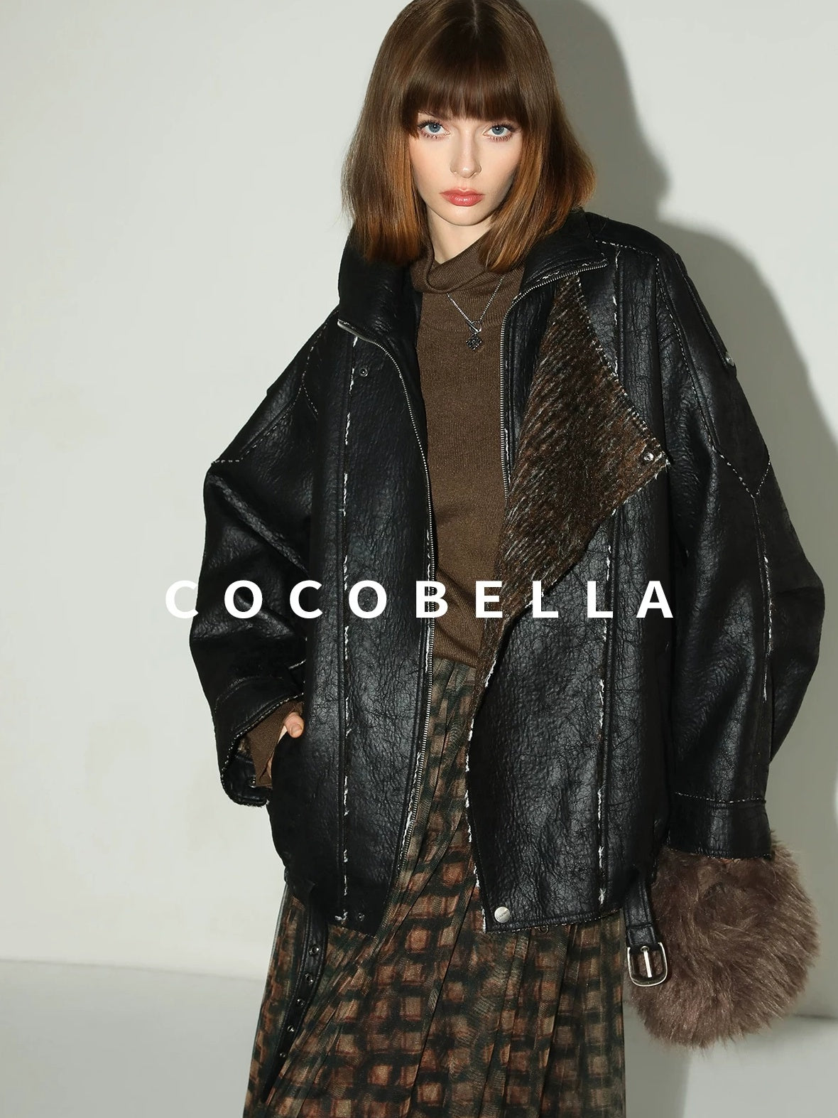 COCOBELLA Thick Pu Patchwork Oversized Street Lapel Zipper Mid Length Leather Jackets