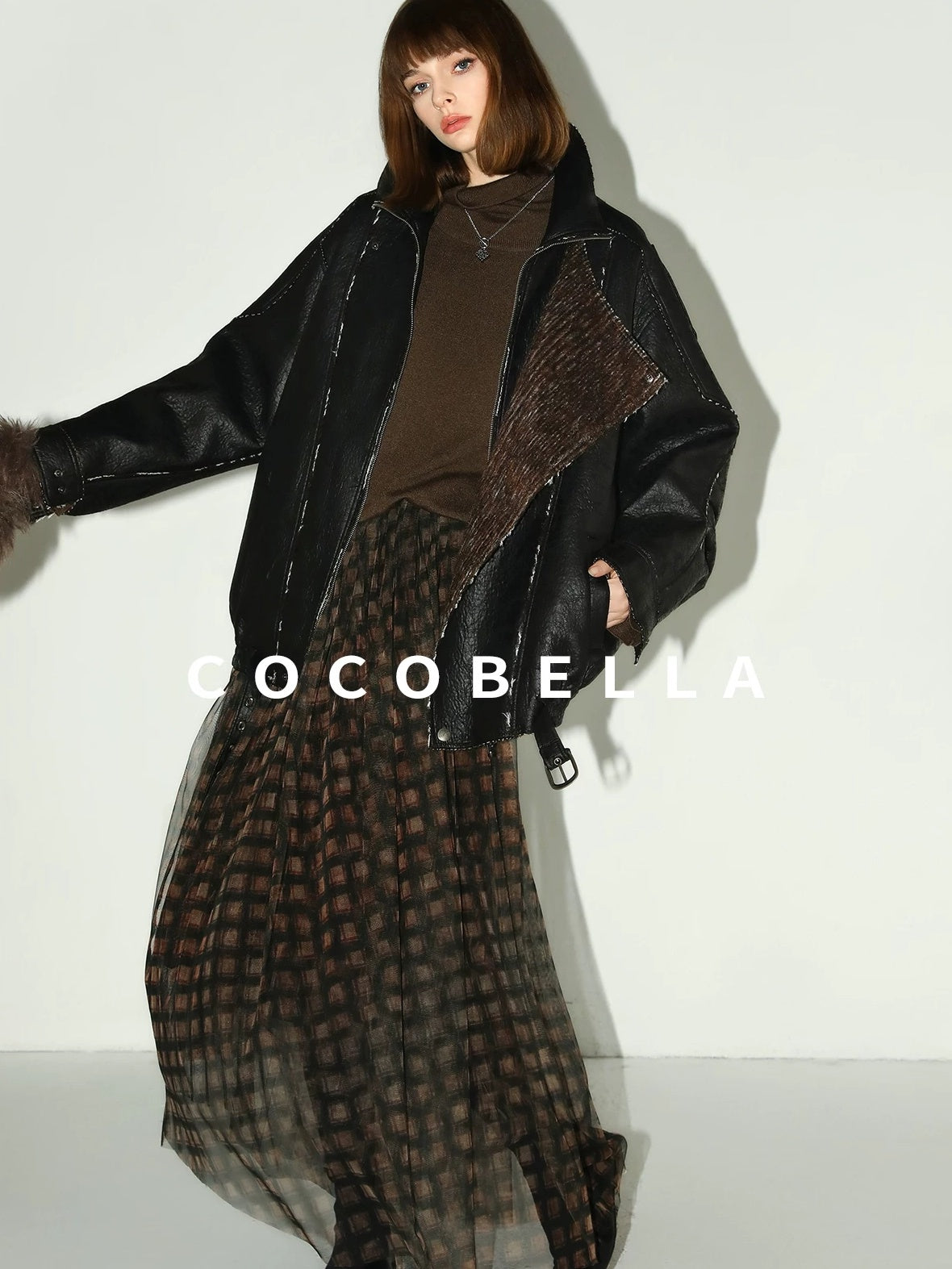 COCOBELLA Thick Pu Patchwork Oversized Street Lapel Zipper Mid Length Leather Jackets