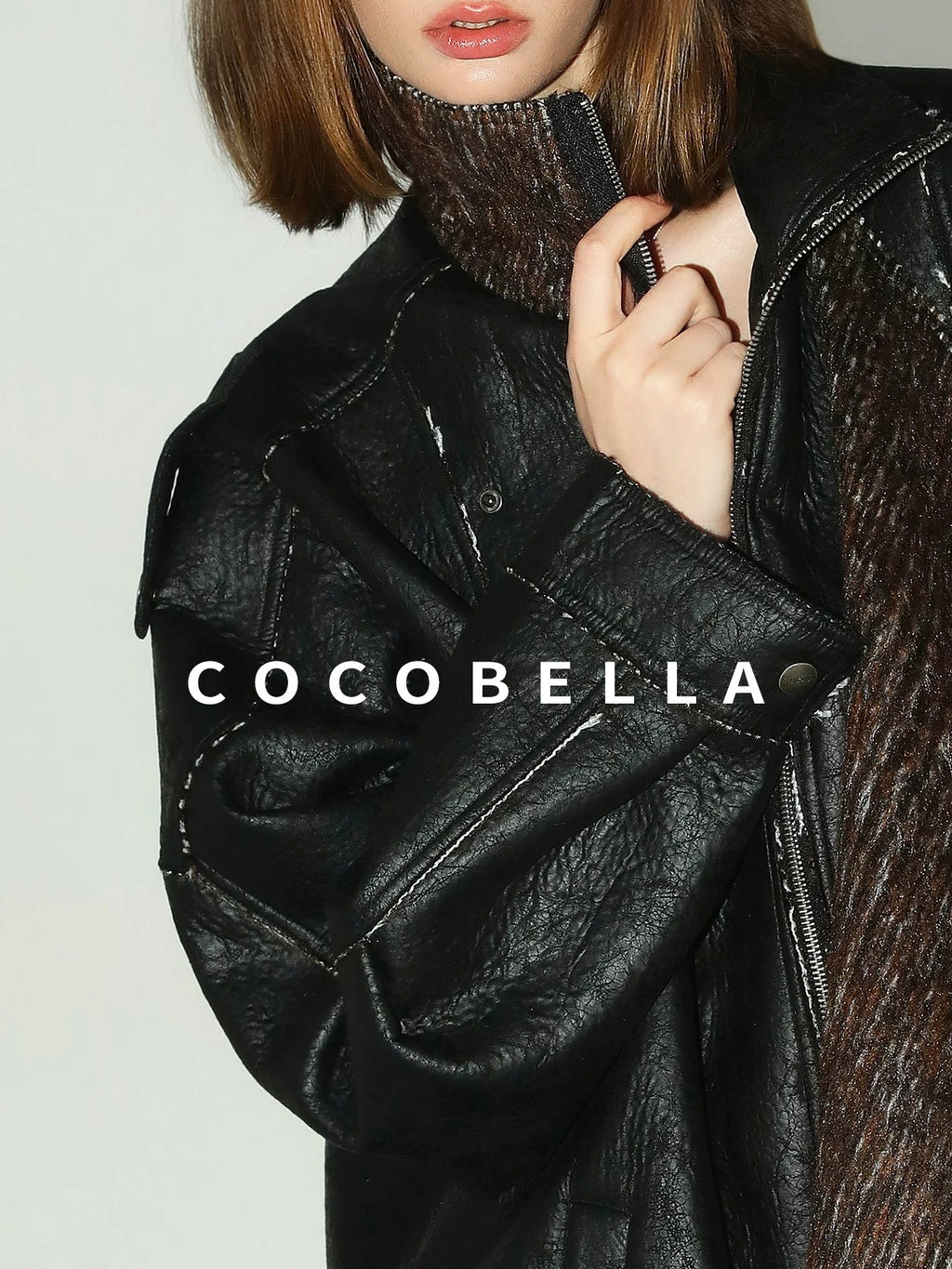 COCOBELLA Thick Pu Patchwork Oversized Street Lapel Zipper Mid Length Leather Jackets