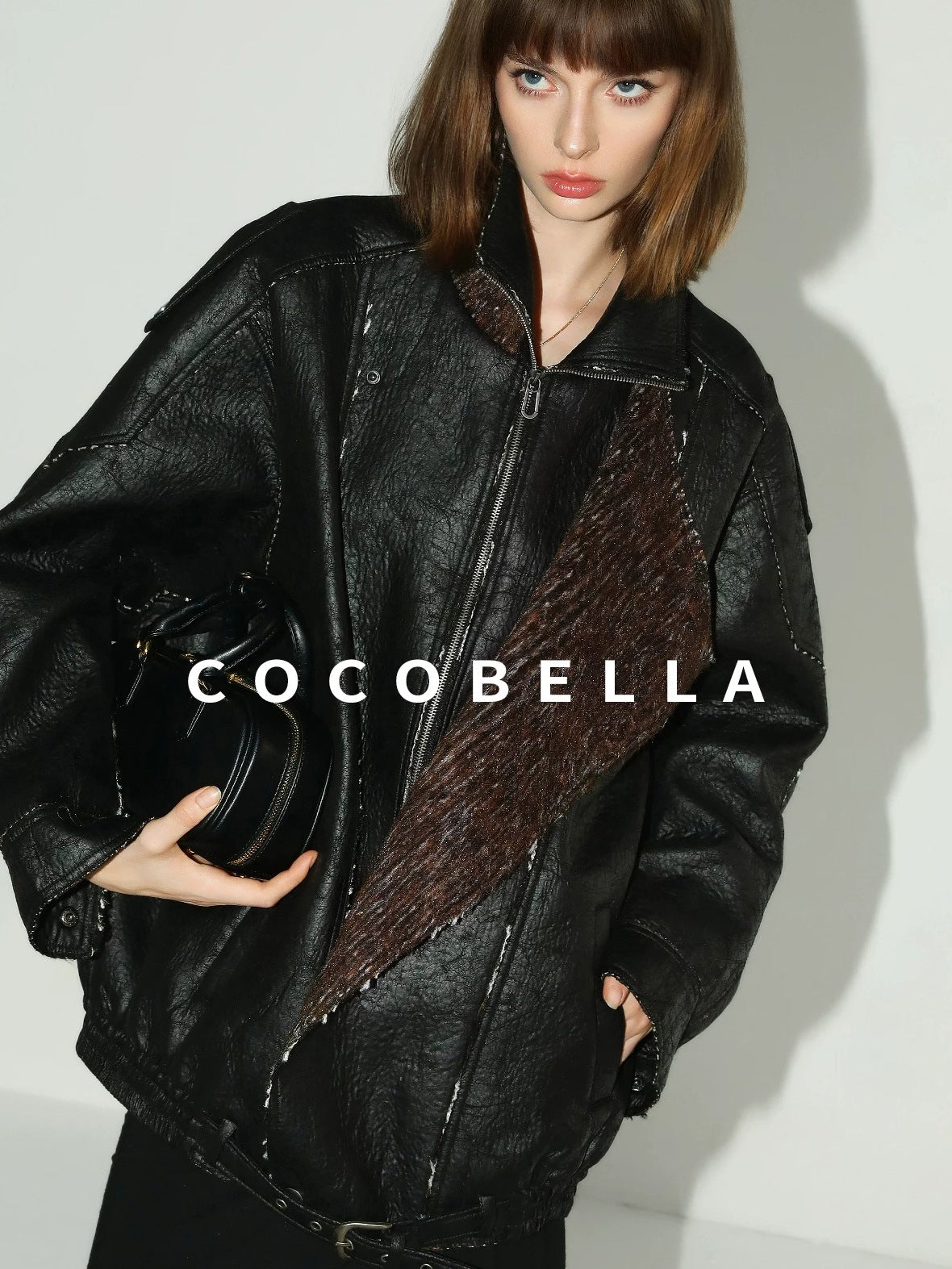 COCOBELLA Thick Pu Patchwork Oversized Street Lapel Zipper Mid Length Leather Jackets