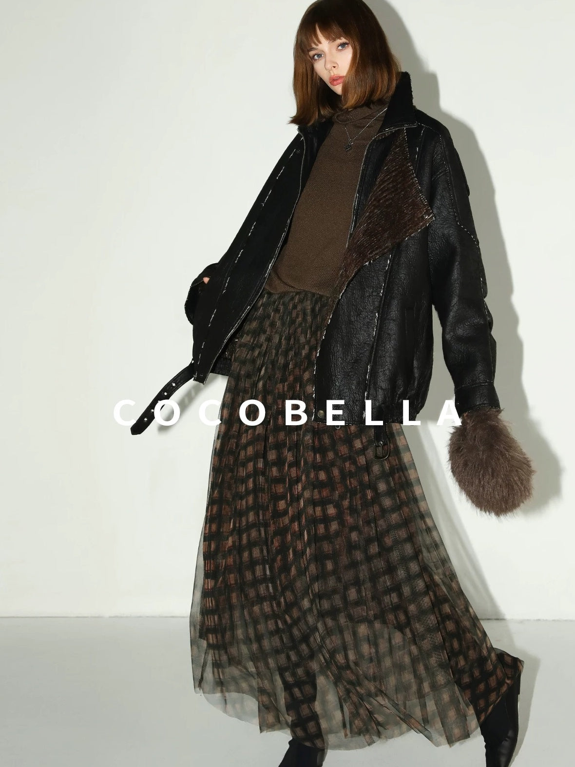 COCOBELLA Thick Pu Patchwork Oversized Street Lapel Zipper Mid Length Leather Jackets