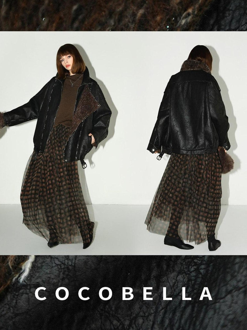 COCOBELLA Thick Pu Patchwork Oversized Street Lapel Zipper Mid Length Leather Jackets