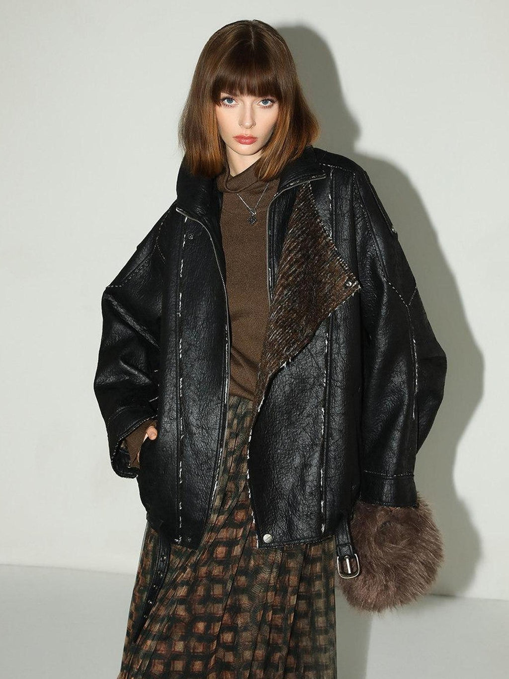 COCOBELLA Thick Pu Patchwork Oversized Street Lapel Zipper Mid Length Leather Jackets