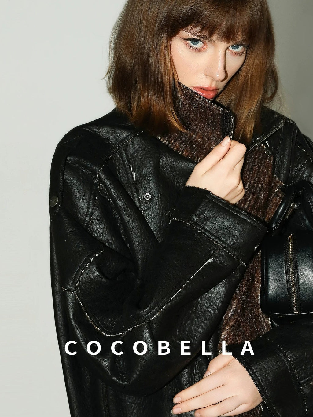 COCOBELLA Thick Pu Patchwork Oversized Street Lapel Zipper Mid Length Leather Jackets