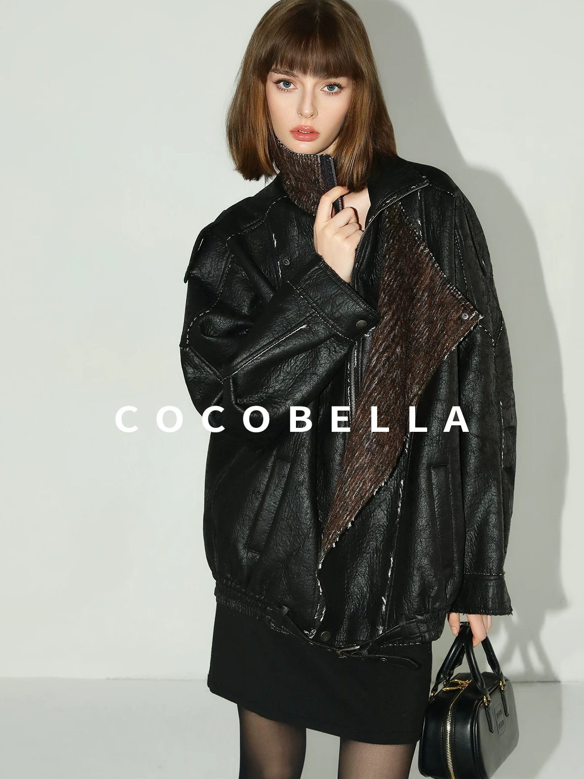 COCOBELLA Thick Pu Patchwork Oversized Street Lapel Zipper Mid Length Leather Jackets