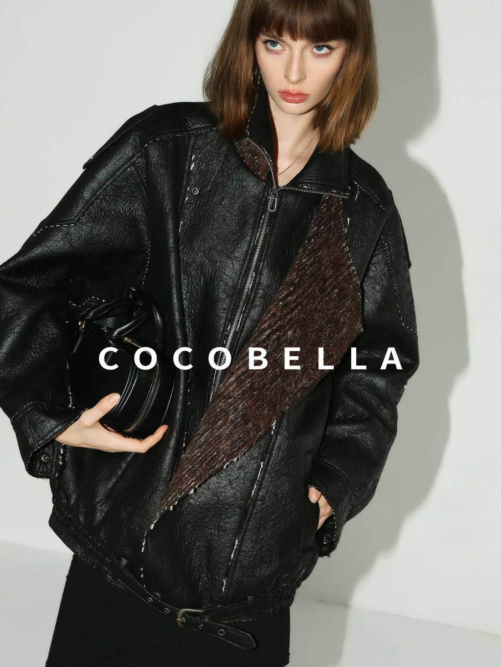 COCOBELLA Thick Pu Patchwork Oversized Street Lapel Zipper Mid Length Leather Jackets