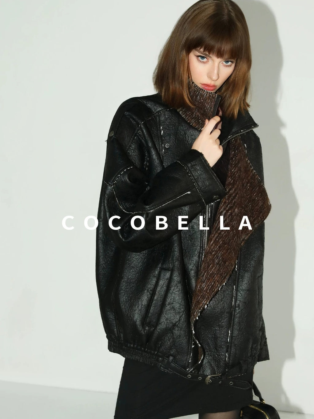 COCOBELLA Thick Pu Patchwork Oversized Street Lapel Zipper Mid Length Leather Jackets