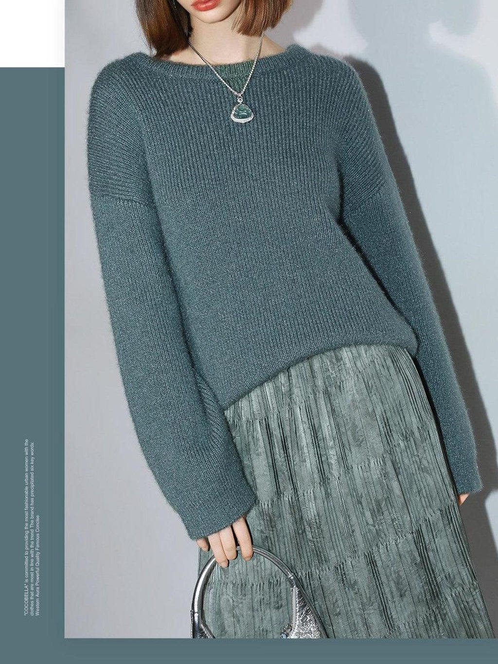 COCOBELLA Thick Pullover Straight Fit Office Crew Neck Solid Lake Green Knit Sweater