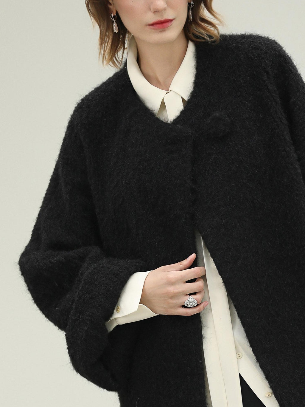 COCOBELLA Thick Relaxed Fit Pocketed Drop Shoulder Ladylike Office Black Overcoat Jackets