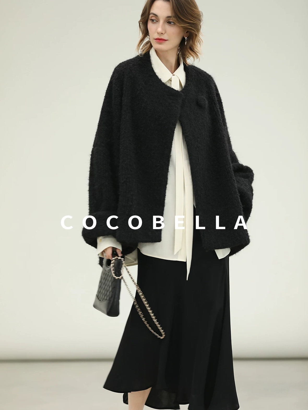 COCOBELLA Thick Relaxed Fit Pocketed Drop Shoulder Ladylike Office Black Overcoat Jackets