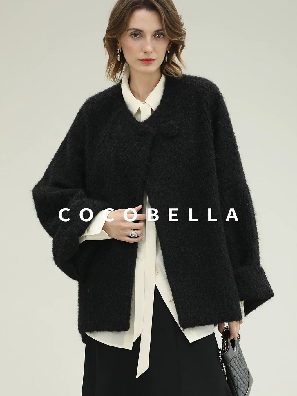 COCOBELLA Thick Relaxed Fit Pocketed Drop Shoulder Ladylike Office Black Overcoat Jackets