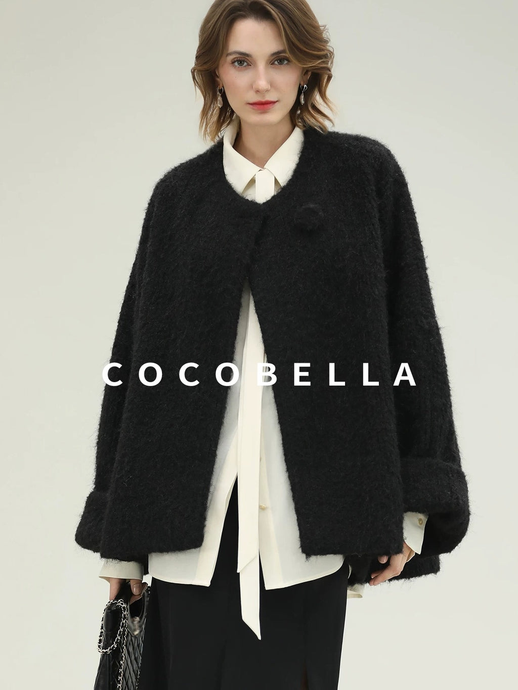 COCOBELLA Thick Relaxed Fit Pocketed Drop Shoulder Ladylike Office Black Overcoat Jackets
