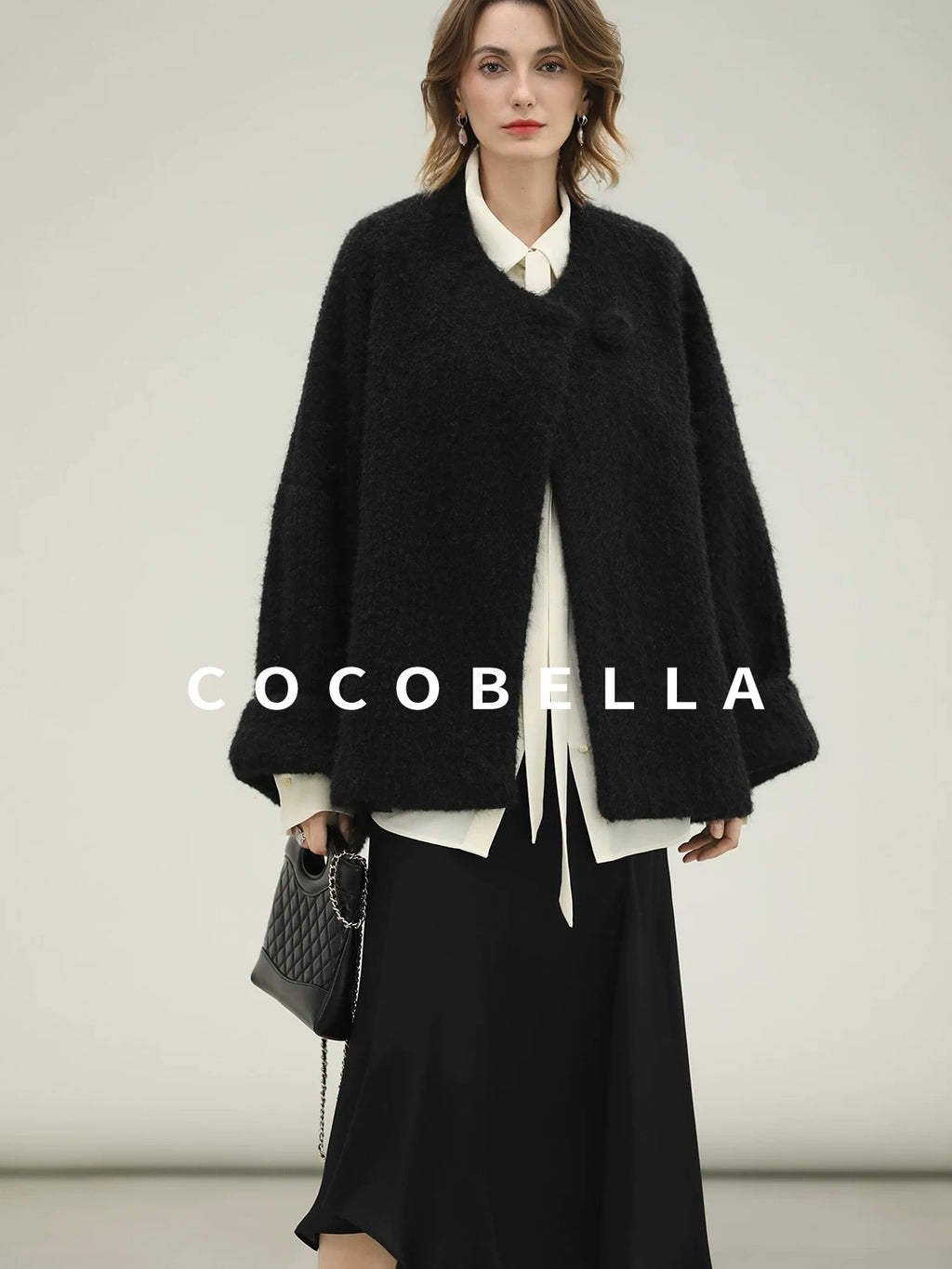 COCOBELLA Thick Relaxed Fit Pocketed Drop Shoulder Ladylike Office Black Overcoat Jackets
