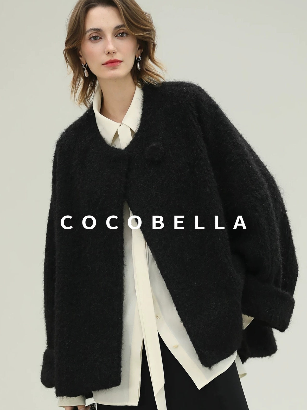 COCOBELLA Thick Relaxed Fit Pocketed Drop Shoulder Ladylike Office Black Overcoat Jackets
