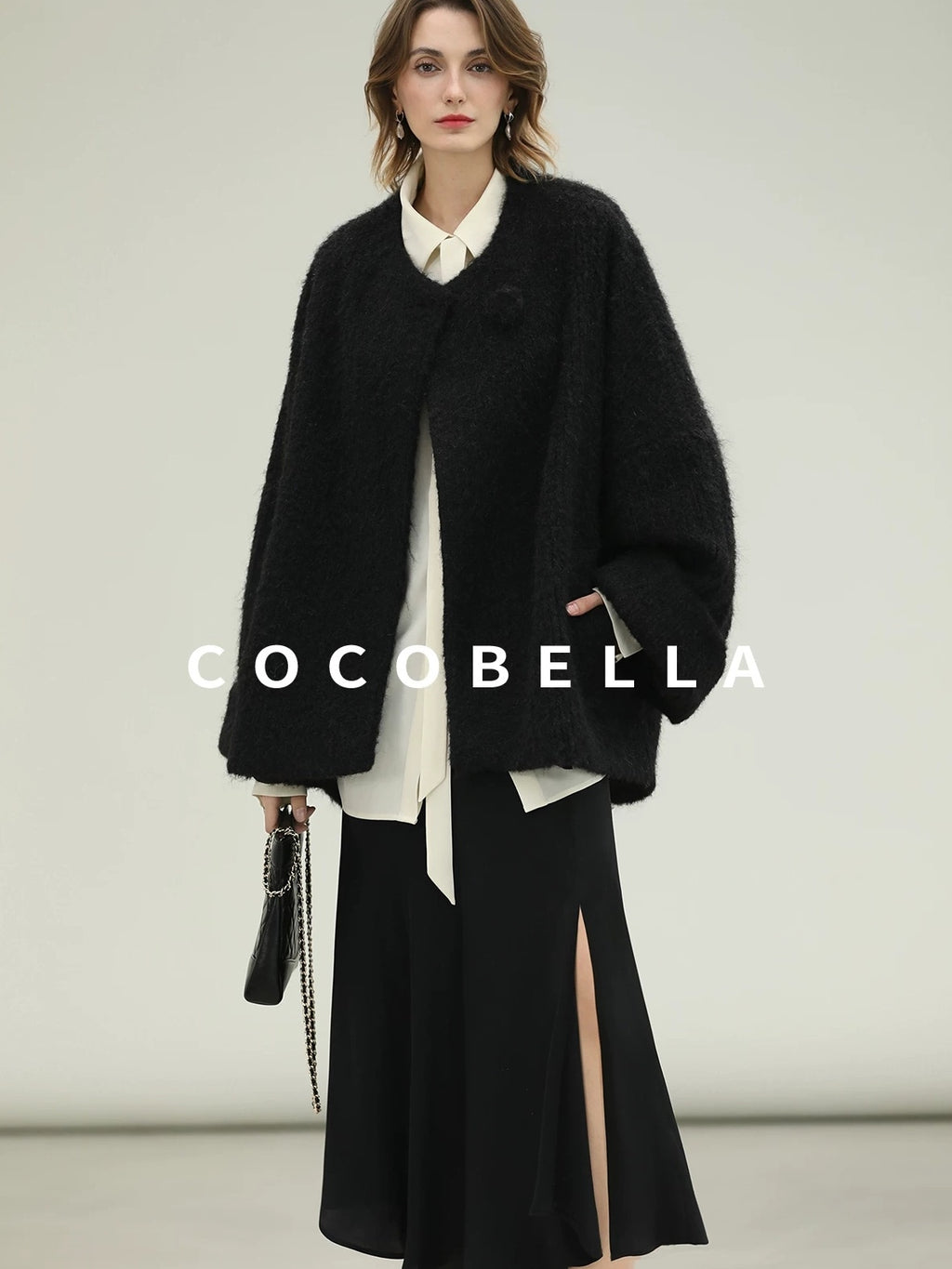 COCOBELLA Thick Relaxed Fit Pocketed Drop Shoulder Ladylike Office Black Overcoat Jackets