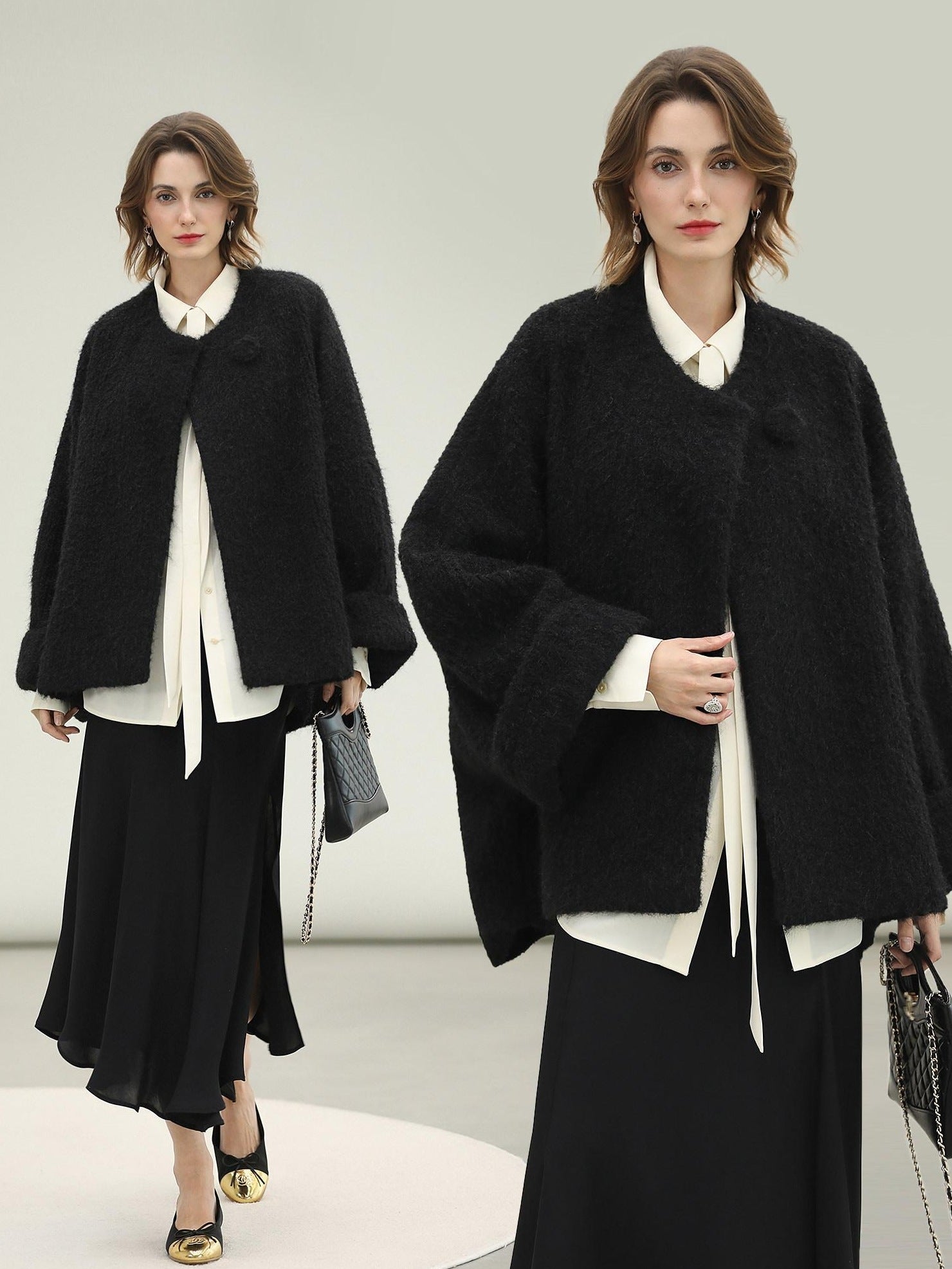 COCOBELLA Thick Relaxed Fit Pocketed Drop Shoulder Ladylike Office Black Overcoat Jackets