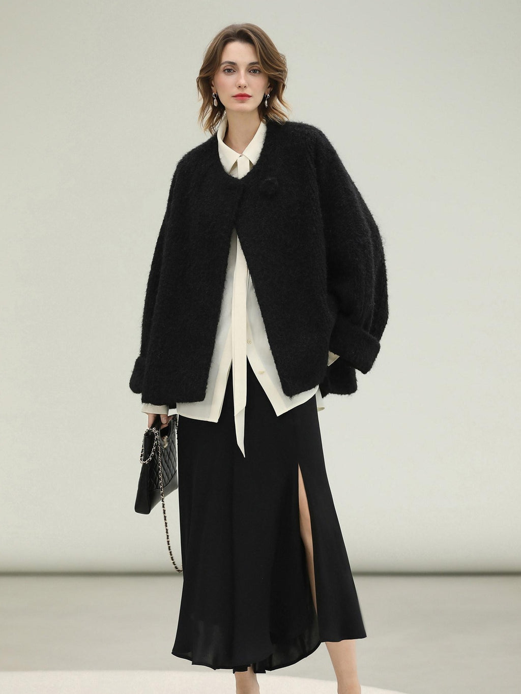 COCOBELLA Thick Relaxed Fit Pocketed Drop Shoulder Ladylike Office Black Overcoat Jackets