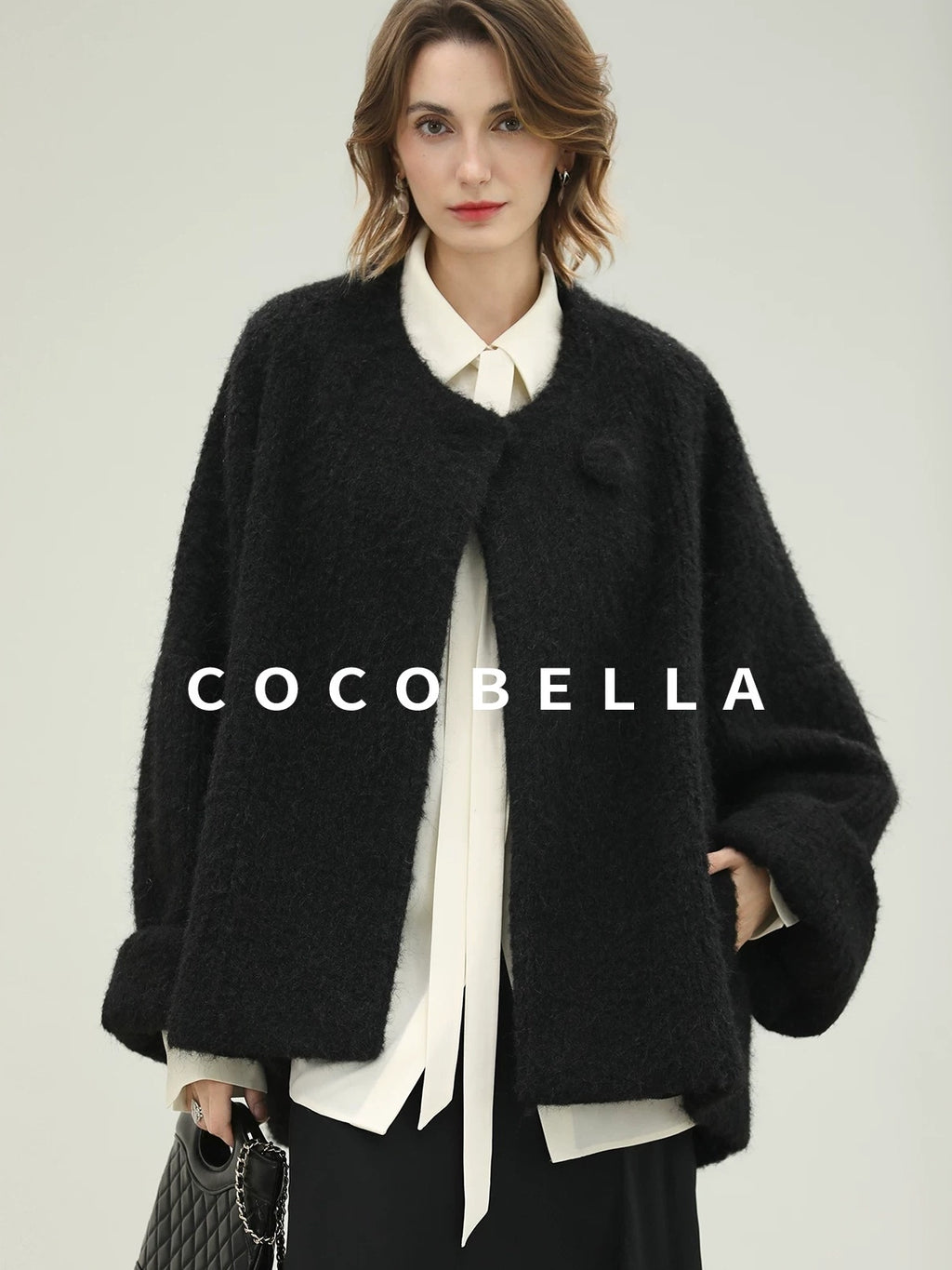 COCOBELLA Thick Relaxed Fit Pocketed Drop Shoulder Ladylike Office Black Overcoat Jackets