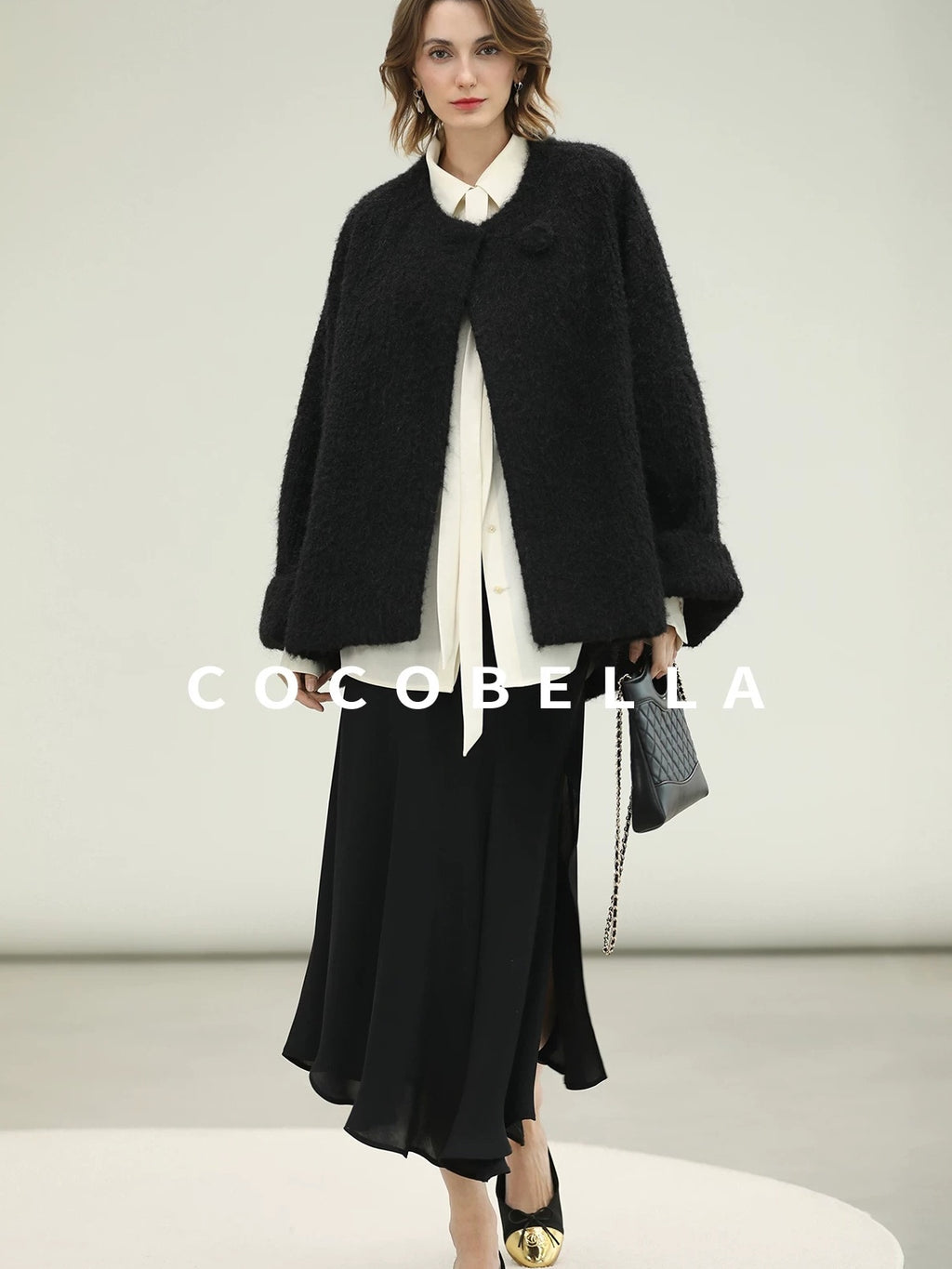 COCOBELLA Thick Relaxed Fit Pocketed Drop Shoulder Ladylike Office Black Overcoat Jackets